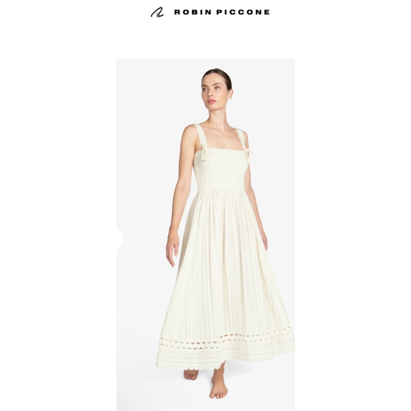 Women's Robin Piccone Jo Smocked Long Dress Size S Off White - Picture 6 of 8